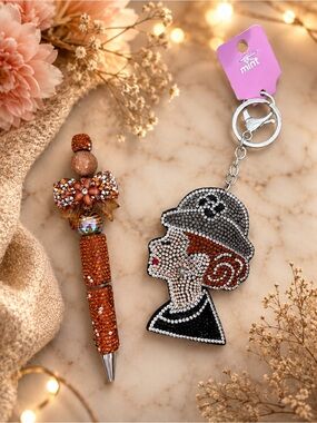 Orange Crystal Encrusted Pen with Rhinestone lady Keychain